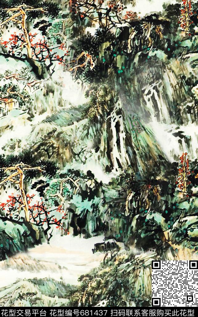 山水画中国风风景数码印花华亿平台下载（图片编号: 681437） - 瓦栏（Walan）