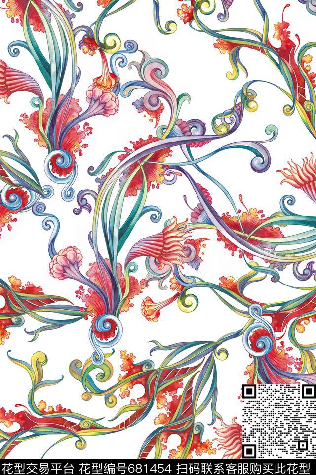 抽象花纹手绘花藤花卉花纹数码印花华亿平台下载（图片编号: 681454） - 瓦栏（Walan）