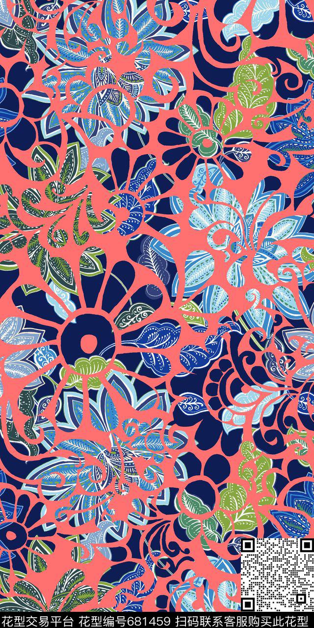 传统花朵图案满版时尚连衣裙数码印花华亿平台下载（图片编号: 681459） - 瓦栏（Walan）