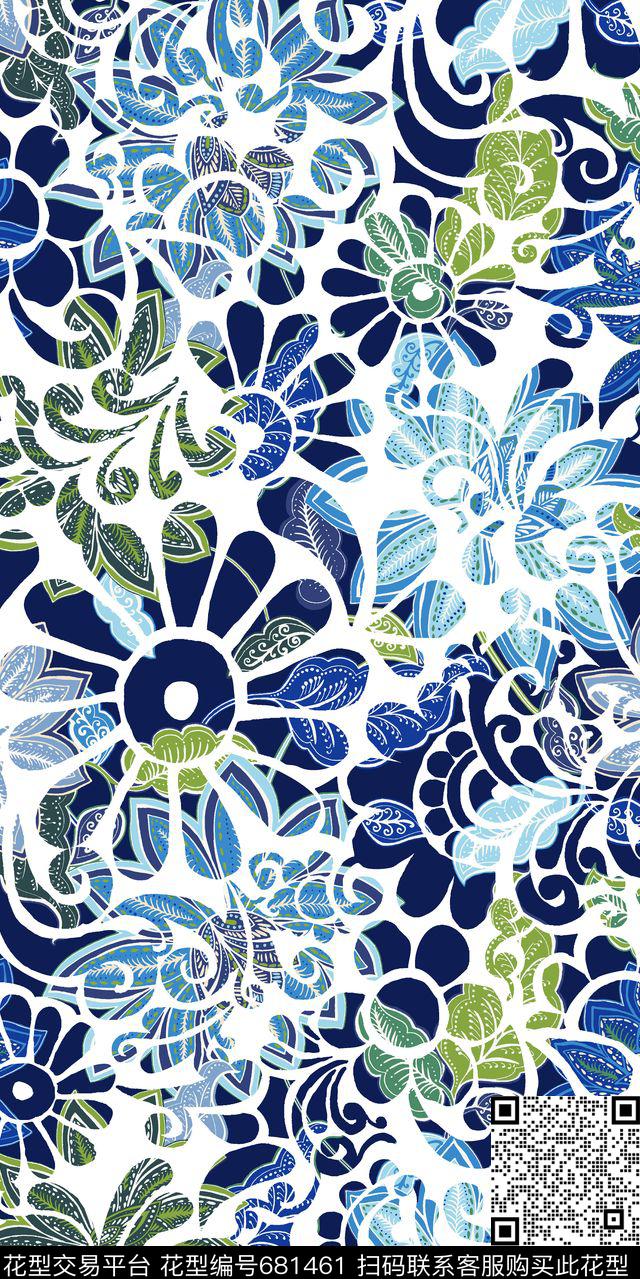 传统花朵图案满版时尚连衣裙数码印花华亿平台下载（图片编号: 681461） - 瓦栏（Walan）