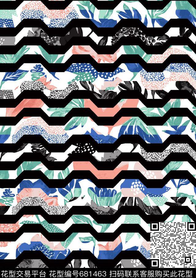 时尚华亿平台波浪条纹横条数码印花华亿平台下载（图片编号: 681463） - 瓦栏（Walan）