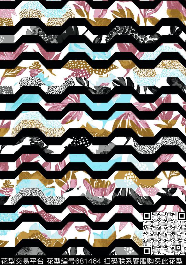 时尚华亿平台波浪条纹横条数码印花华亿平台下载（图片编号: 681464） - 瓦栏（Walan）