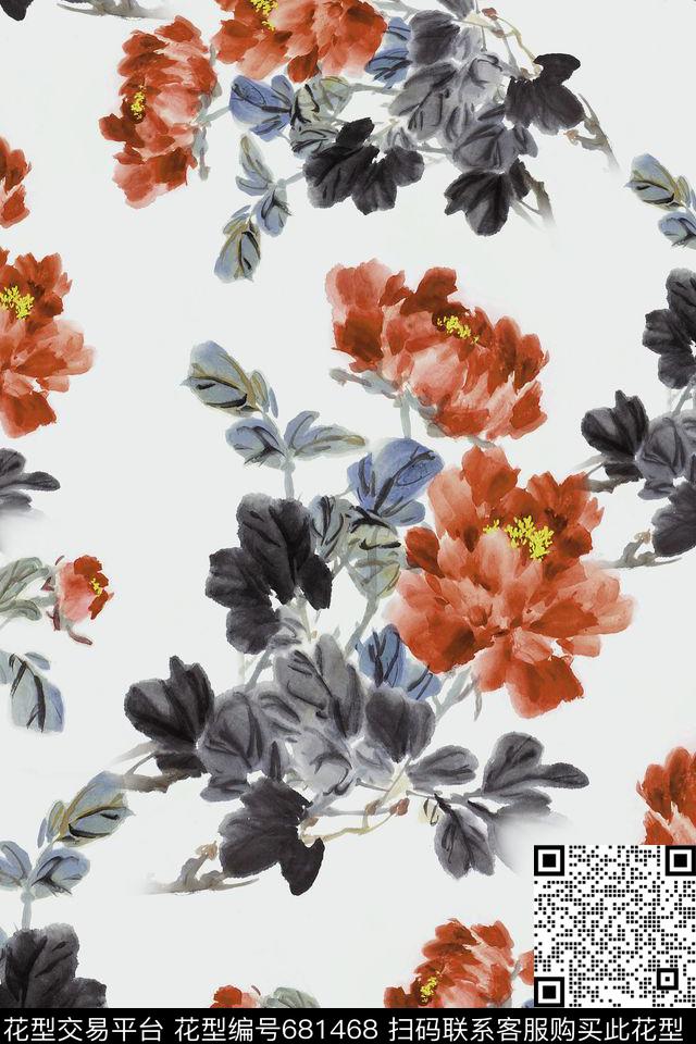 手绘水彩花卉花朵数码印花华亿平台下载（图片编号: 681468） - 瓦栏（Walan）