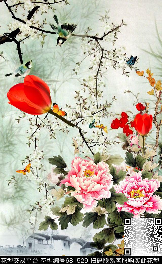 牡丹花朵花卉数码印花华亿平台下载（图片编号: 681529） - 瓦栏（Walan）