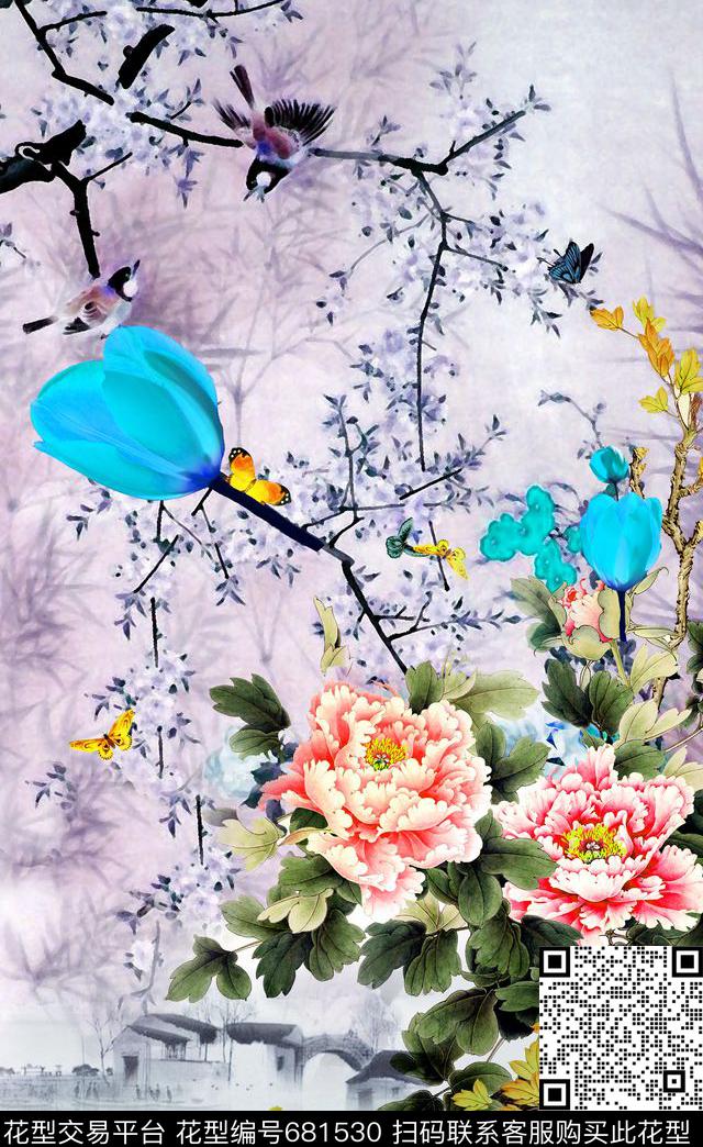 牡丹花朵花卉数码印花华亿平台下载（图片编号: 681530） - 瓦栏（Walan）