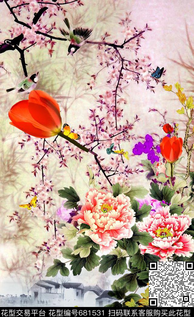 牡丹花朵花卉数码印花华亿平台下载（图片编号: 681531） - 瓦栏（Walan）