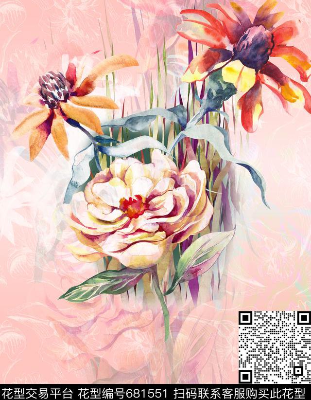 手绘花卉水彩数码印花华亿平台下载（图片编号: 681551） - 瓦栏（Walan）