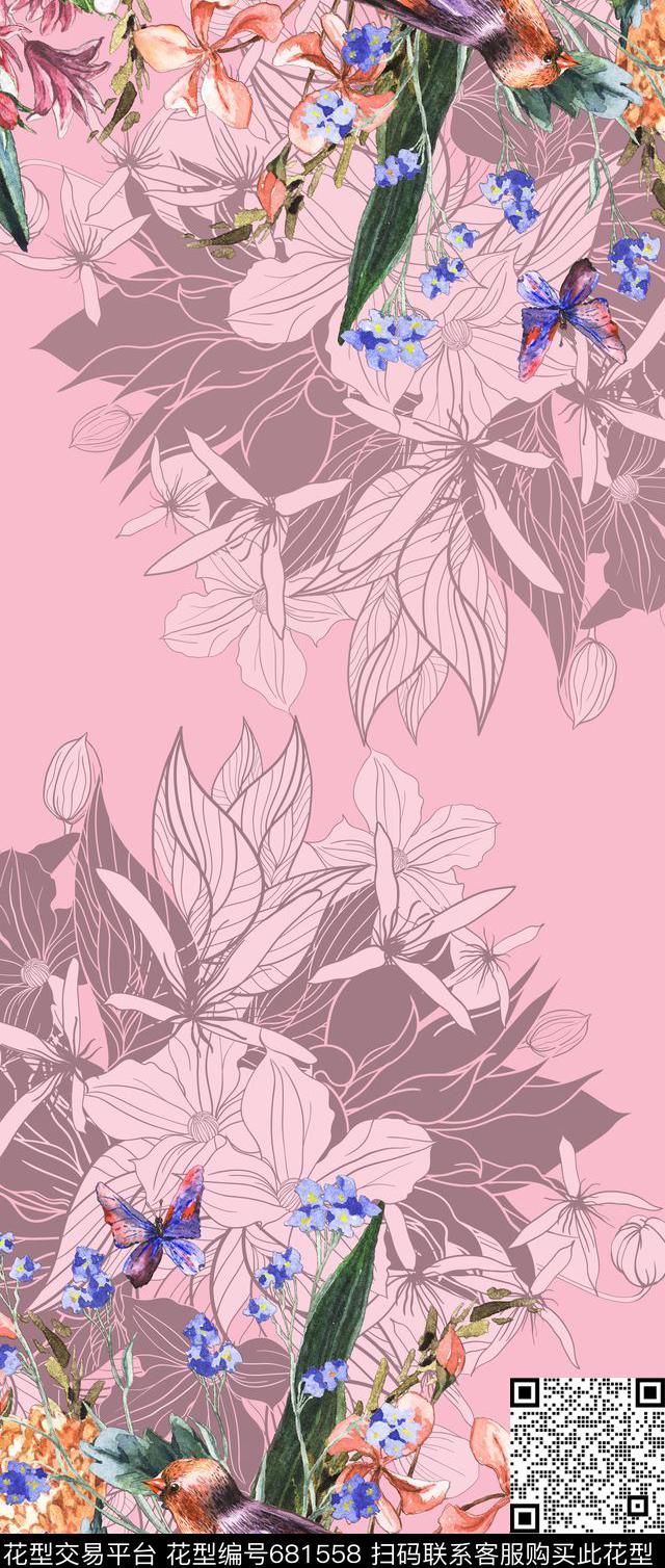 手绘花鸟线描数码印花华亿平台下载（图片编号: 681558） - 瓦栏（Walan）