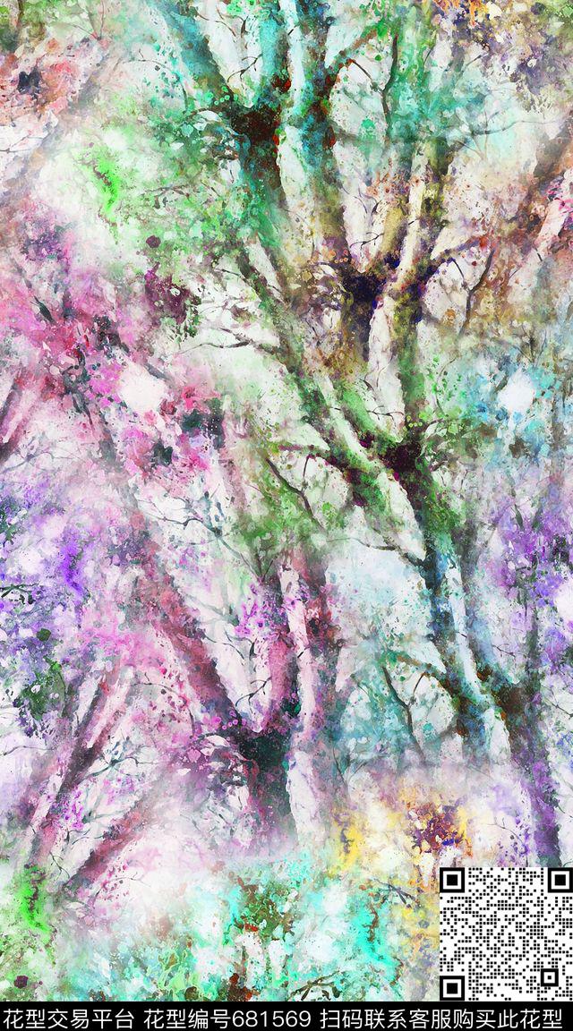 树枝抽象花卉数码印花华亿平台下载（图片编号: 681569） - 瓦栏（Walan）