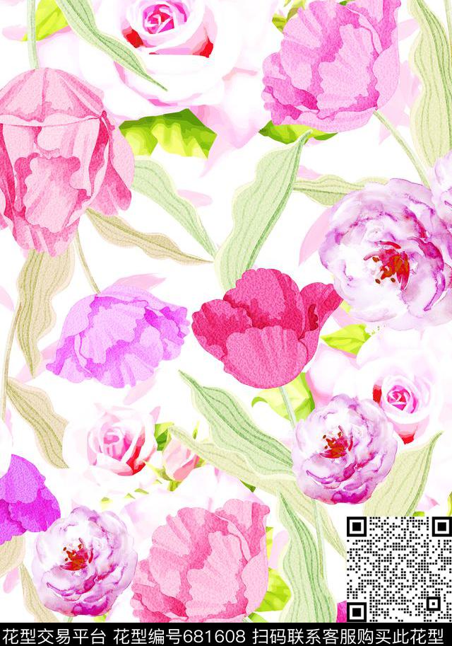 花卉组合传统印花华亿平台下载（图片编号: 681608） - 瓦栏（Walan）