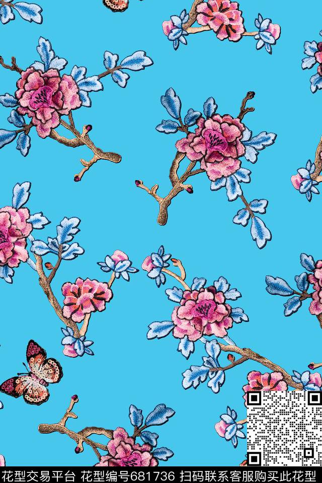 刺绣花卉艳丽数码印花华亿平台下载（图片编号: 681736） - 瓦栏（Walan）