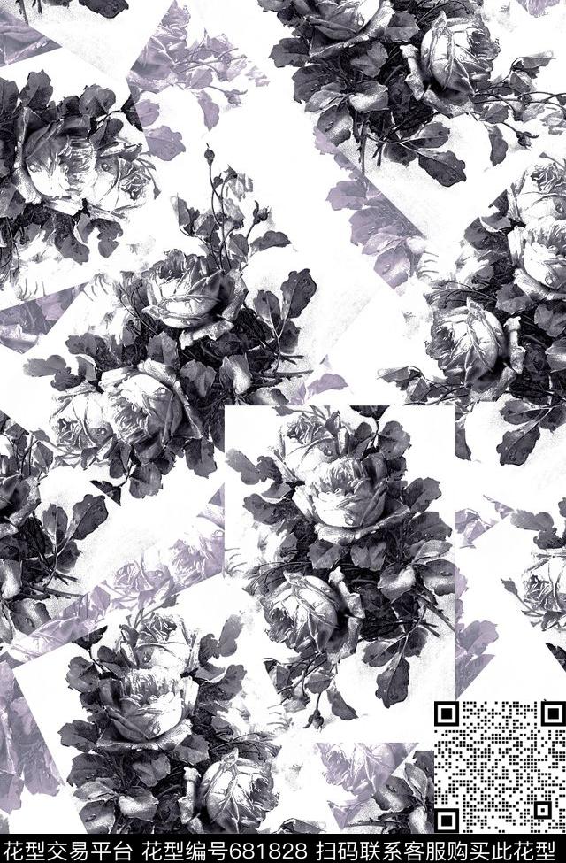 黑白中花小碎花数码印花华亿平台下载（图片编号: 681828） - 瓦栏（Walan）