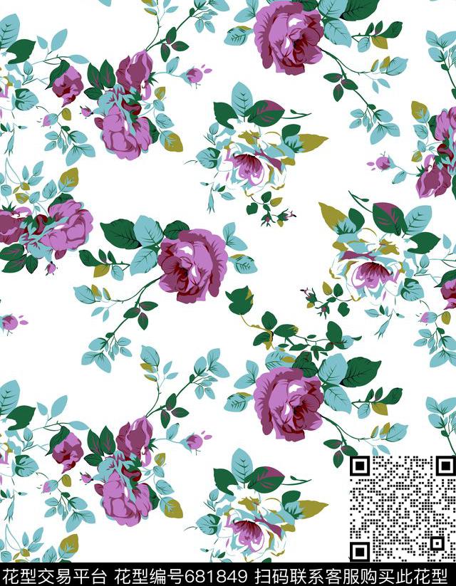 乱花玫瑰花朵传统印花华亿平台下载（图片编号: 681849） - 瓦栏（Walan）