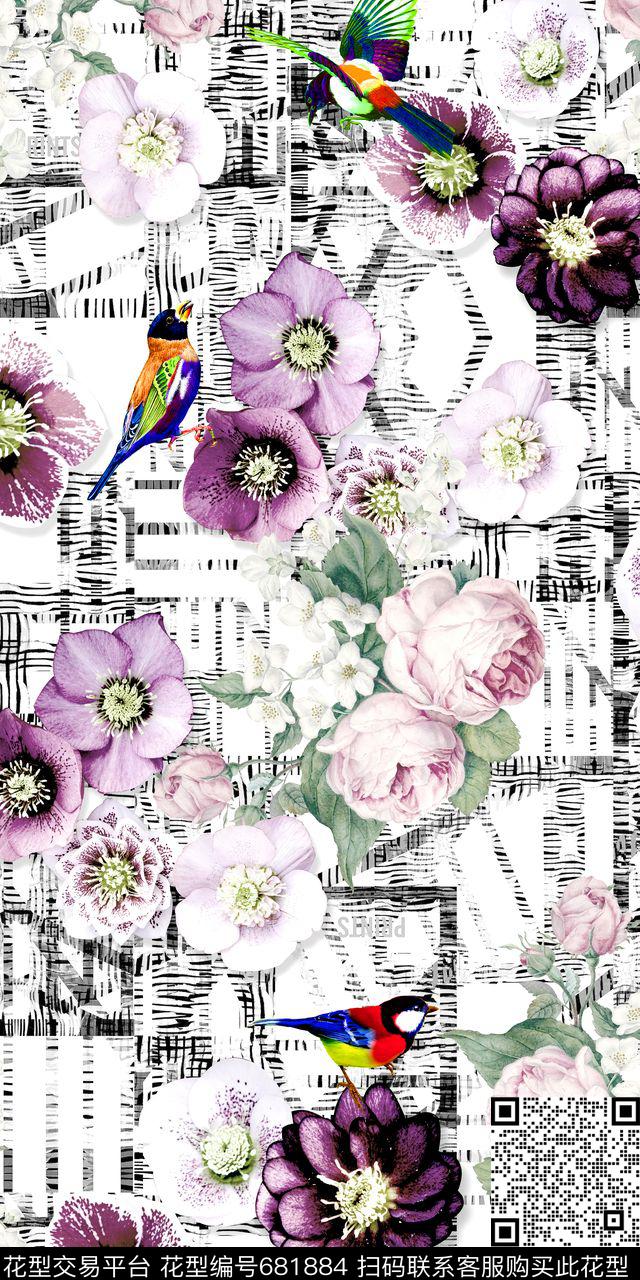 花卉满版小鸟数码印花华亿平台下载（图片编号: 681884） - 瓦栏（Walan）