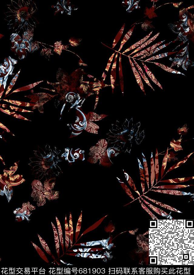 抽象复古叶子数码印花华亿平台下载（图片编号: 681903） - 瓦栏（Walan）