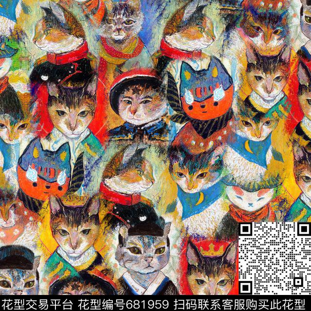 可爱猫咪卡通中国风古装猫数码印花华亿平台下载（图片编号: 681959） - 瓦栏（Walan）