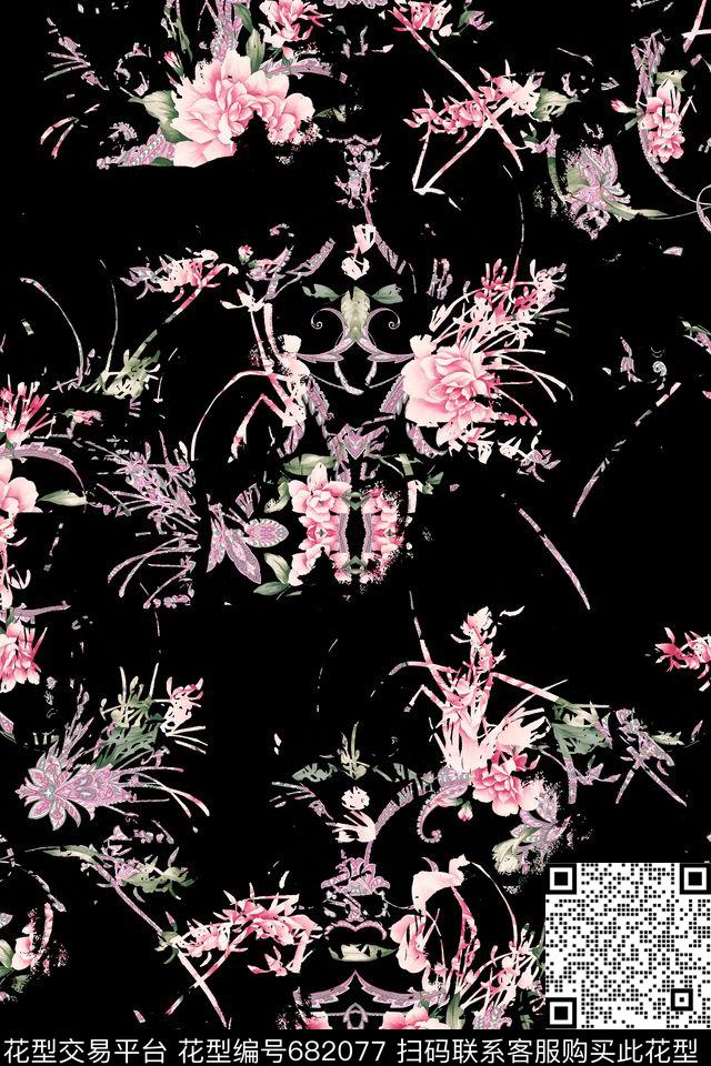 残破抽象花卉数码印花华亿平台下载（图片编号: 682077） - 瓦栏（Walan）