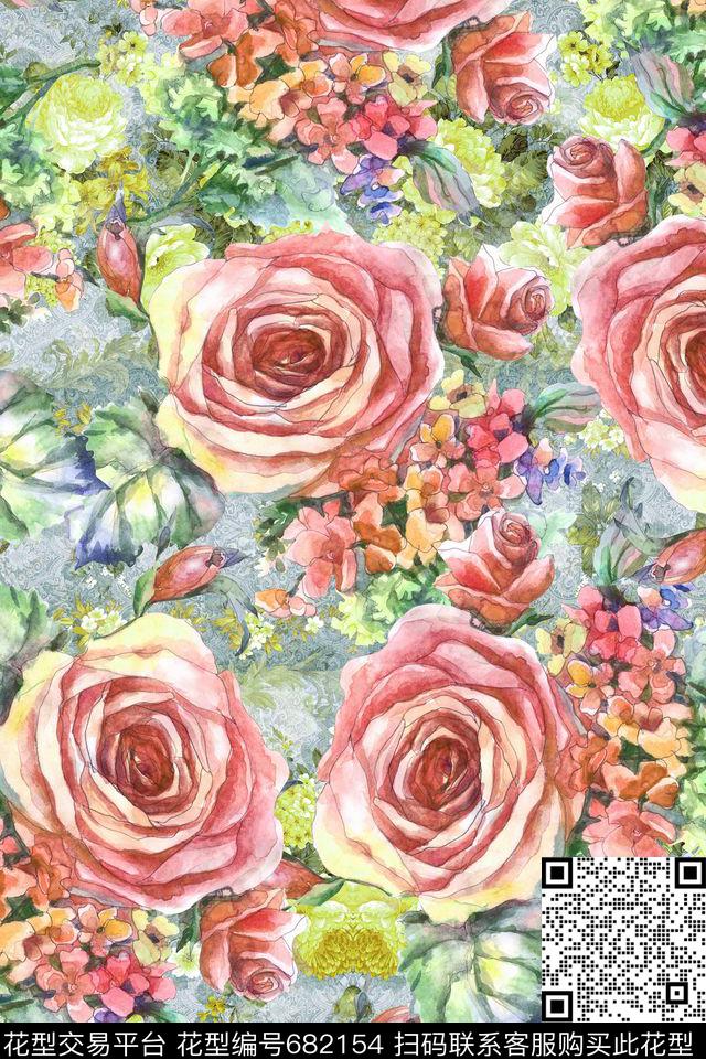 手绘花卉沙发布数码印花华亿平台下载（图片编号: 682154） - 瓦栏（Walan）