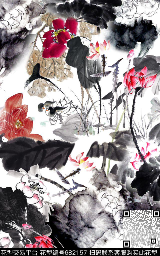 中国风国画工笔画荷花数码印花华亿平台下载（图片编号: 682157） - 瓦栏（Walan）