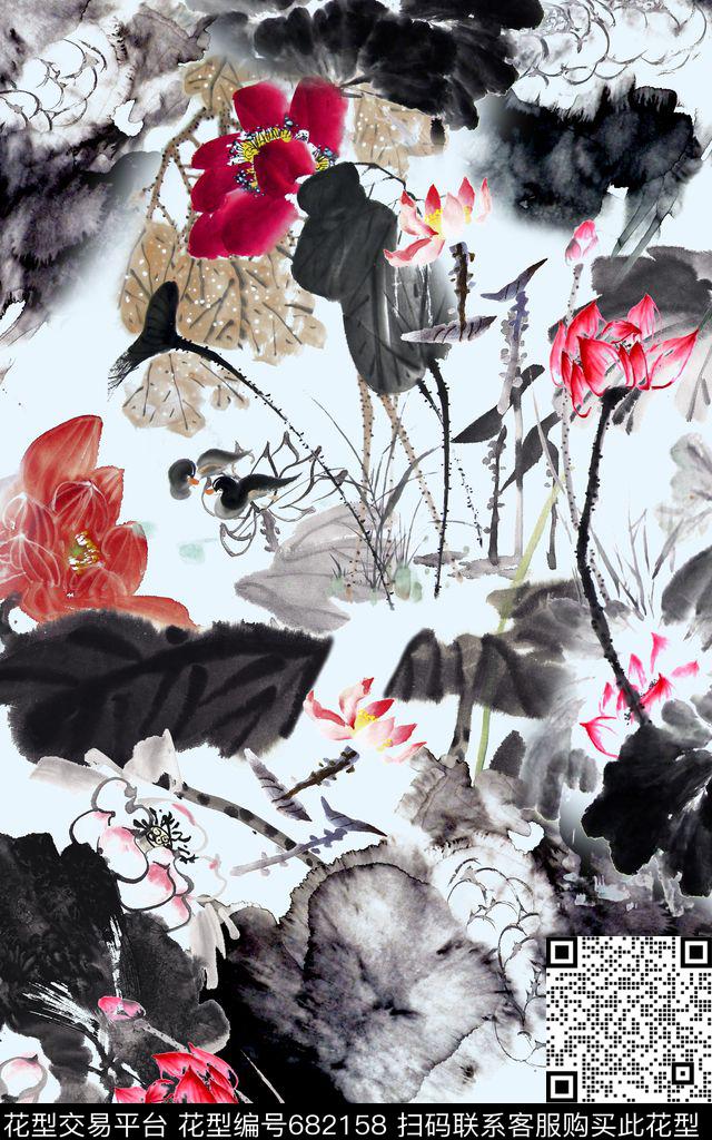 中国风国画工笔画荷花数码印花华亿平台下载（图片编号: 682158） - 瓦栏（Walan）