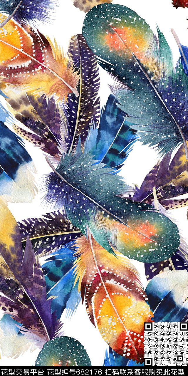 手绘多彩羽毛时尚大气绚丽多彩数码印花华亿平台下载（图片编号: 682176） - 瓦栏（Walan）