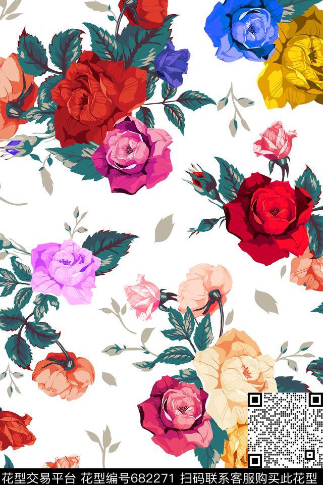 花朵玫瑰花卉传统印花华亿平台下载（图片编号: 682271） - 瓦栏（Walan）
