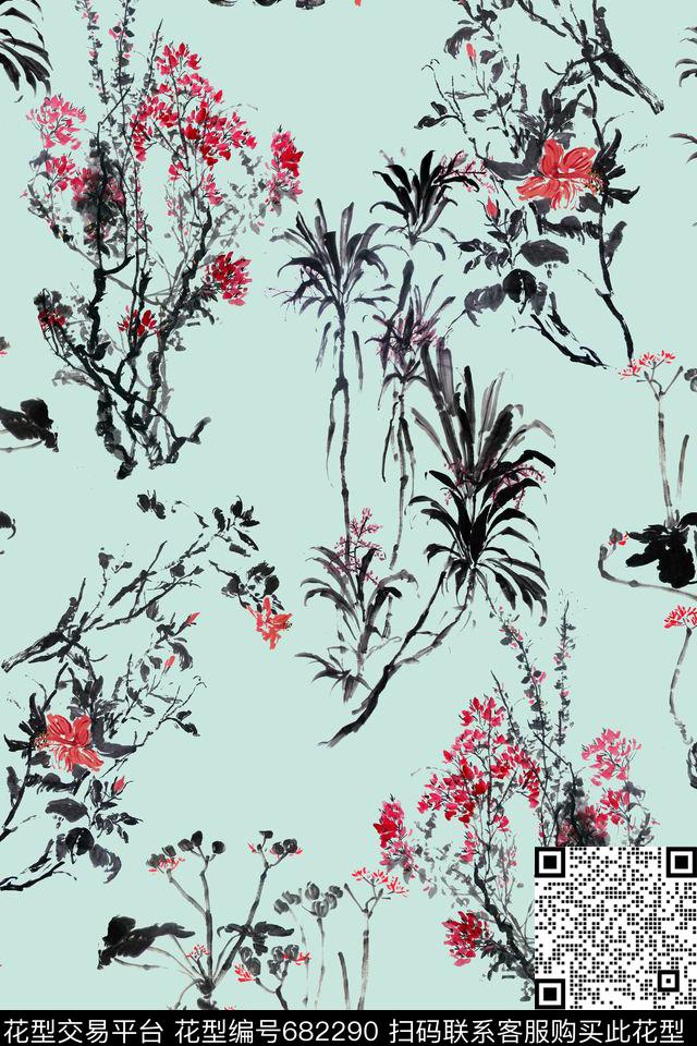 花卉手绘中国风数码印花华亿平台下载（图片编号: 682290） - 瓦栏（Walan）