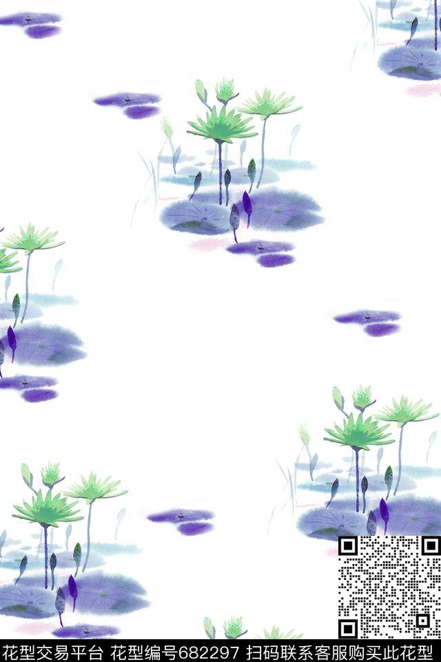 花卉荷花水墨数码印花华亿平台下载（图片编号: 682297） - 瓦栏（Walan）