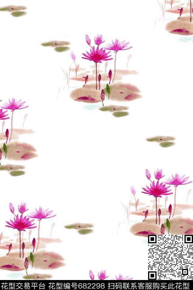 花卉荷花水墨数码印花华亿平台下载（图片编号: 682298） - 瓦栏（Walan）