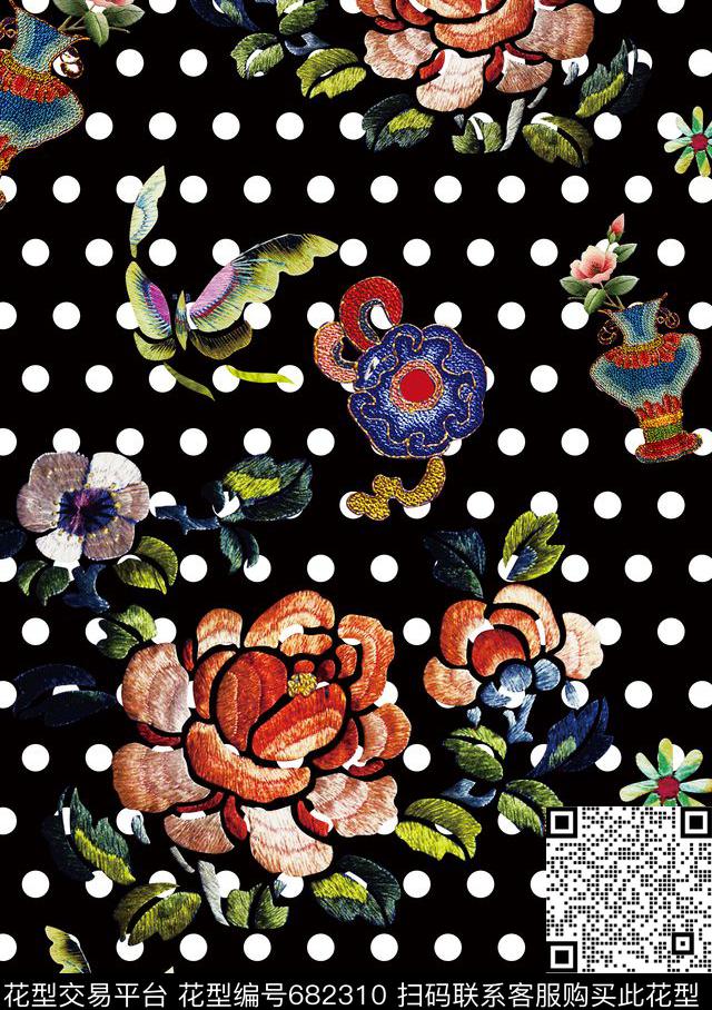 民族风刺绣牡丹刺绣蝴蝶花瓶数码印花华亿平台下载（图片编号: 682310） - 瓦栏（Walan）