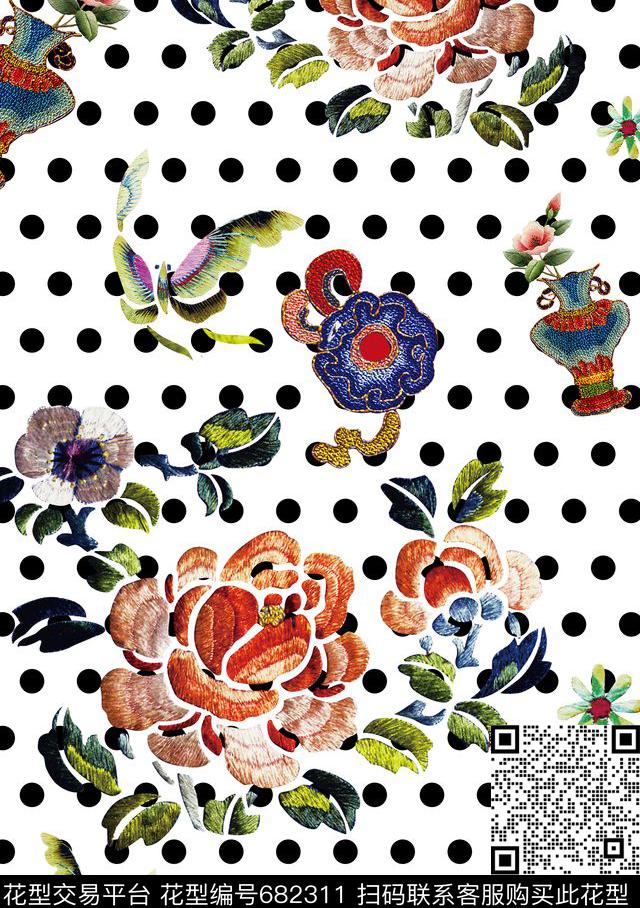 民族风刺绣牡丹刺绣蝴蝶花瓶数码印花华亿平台下载（图片编号: 682311） - 瓦栏（Walan）