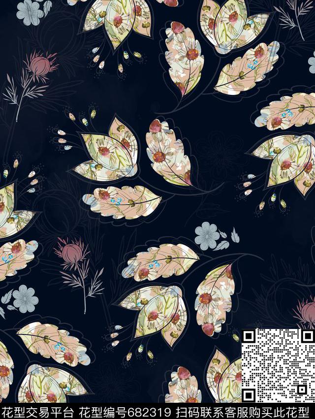 花卉民族植物数码印花华亿平台下载（图片编号: 682319） - 瓦栏（Walan）