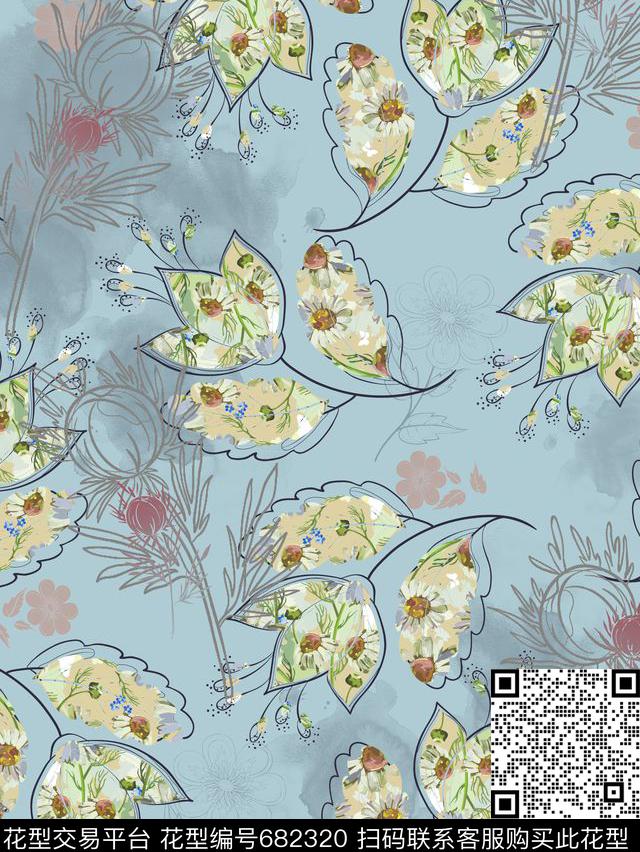 花卉民族植物数码印花华亿平台下载（图片编号: 682320） - 瓦栏（Walan）