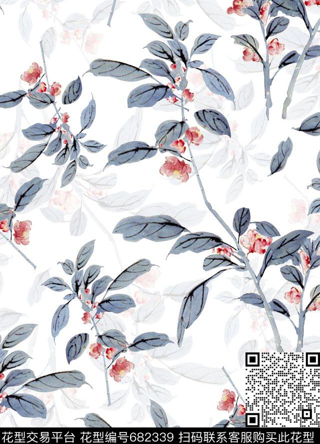 东方韵域中国风水墨花卉树枝树叶数码印花华亿平台下载（图片编号: 682339） - 瓦栏（Walan）