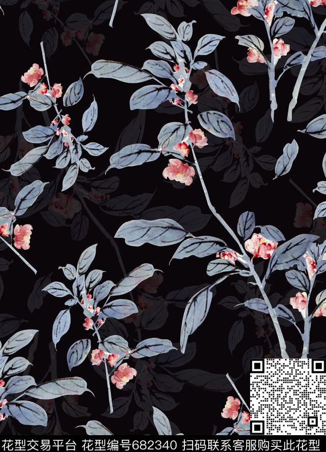 东方韵域中国风水墨花卉树枝树叶数码印花华亿平台下载（图片编号: 682340） - 瓦栏（Walan）