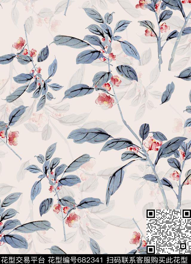 东方韵域中国风水墨花卉树枝树叶数码印花华亿平台下载（图片编号: 682341） - 瓦栏（Walan）