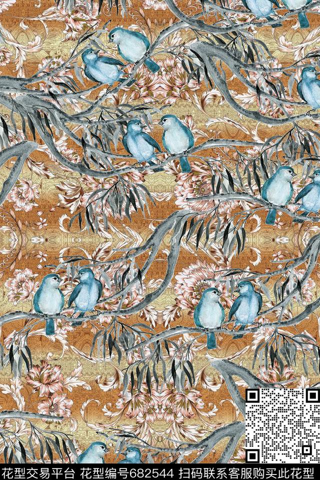 花纹手绘花鸟数码印花华亿平台下载（图片编号: 682544） - 瓦栏（Walan）