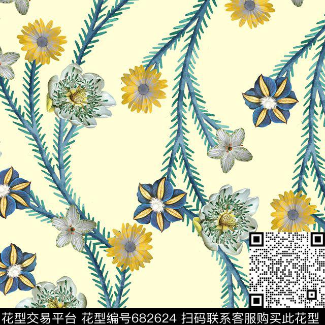 蔓藤花卉花中花数码印花华亿平台下载（图片编号: 682624） - 瓦栏（Walan）