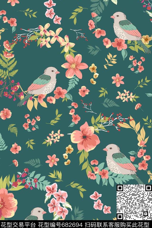 小碎花花鸟花朵传统印花华亿平台下载（图片编号: 682694） - 瓦栏（Walan）