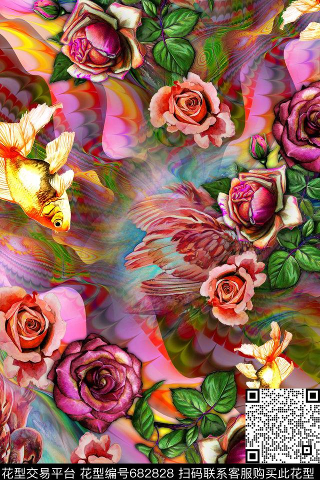 玫瑰花卉数码印花华亿平台下载（图片编号: 682828） - 瓦栏（Walan）