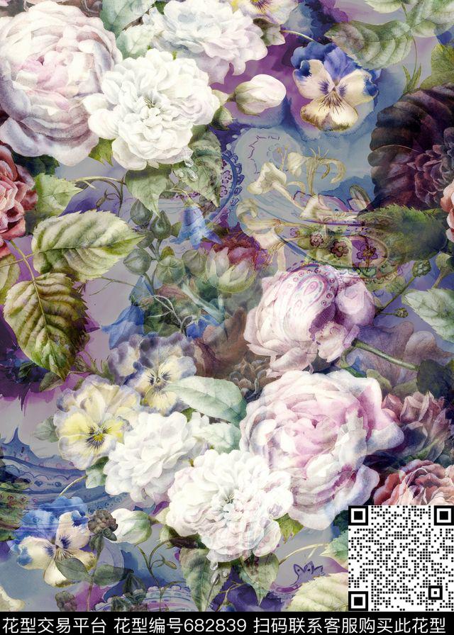 朦胧花卉满版彩色数码印花华亿平台下载（图片编号: 682839） - 瓦栏（Walan）