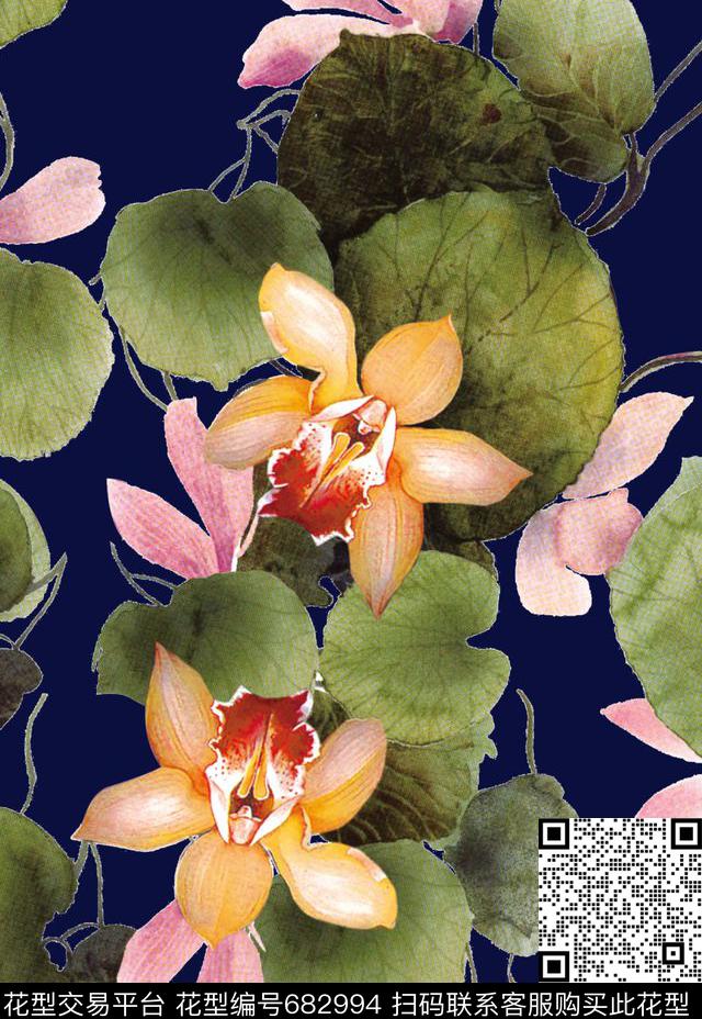 数码花大气花卉深色底数码印花华亿平台下载（图片编号: 682994） - 瓦栏（Walan）