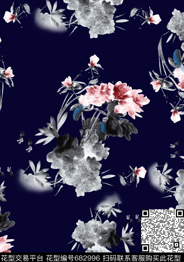 数码花大气花卉深色底水墨画数码印花华亿平台下载（图片编号: 682996） - 瓦栏（Walan）