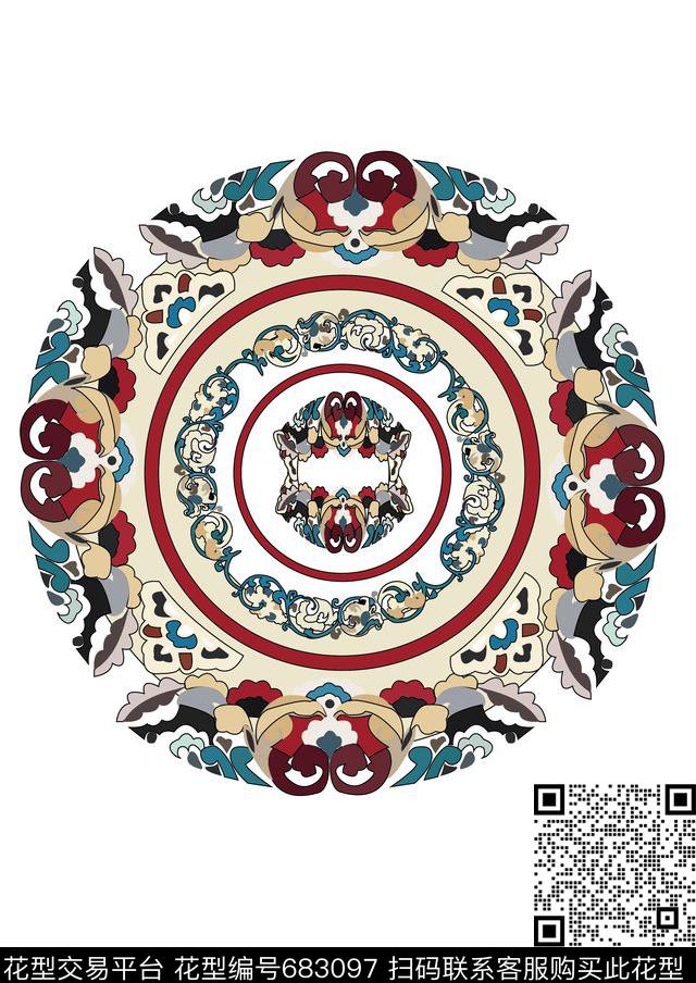 圆形植物藤蔓传统印花华亿平台下载（图片编号: 683097） - 瓦栏（Walan）