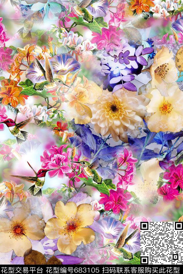 花卉小鸟碎花数码印花华亿平台下载（图片编号: 683105） - 瓦栏（Walan）