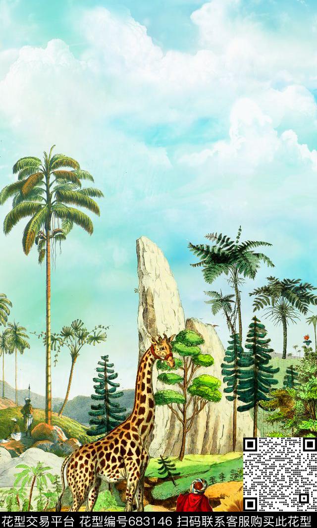 风景长颈鹿棕榈数码印花华亿平台下载（图片编号: 683146） - 瓦栏（Walan）