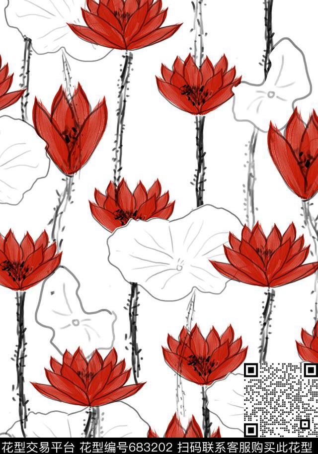手绘风格花卉荷花传统印花华亿平台下载（图片编号: 683202） - 瓦栏（Walan）