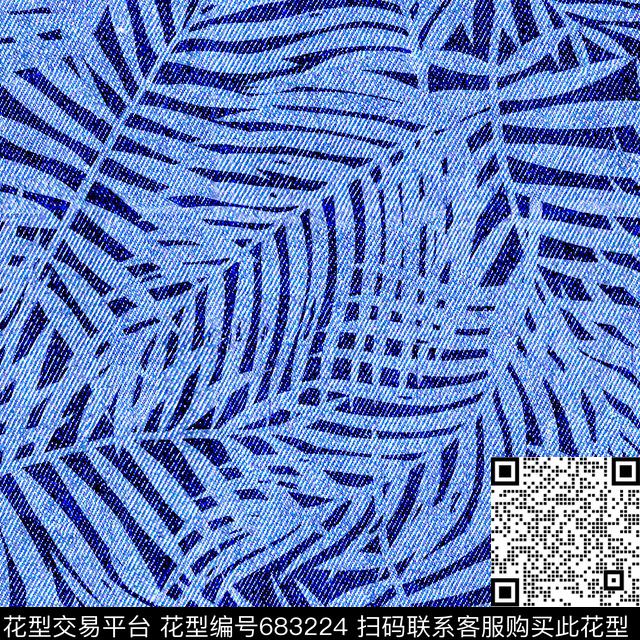 时尚牛仔纹热带叶子数码印花华亿平台下载（图片编号: 683224） - 瓦栏（Walan）