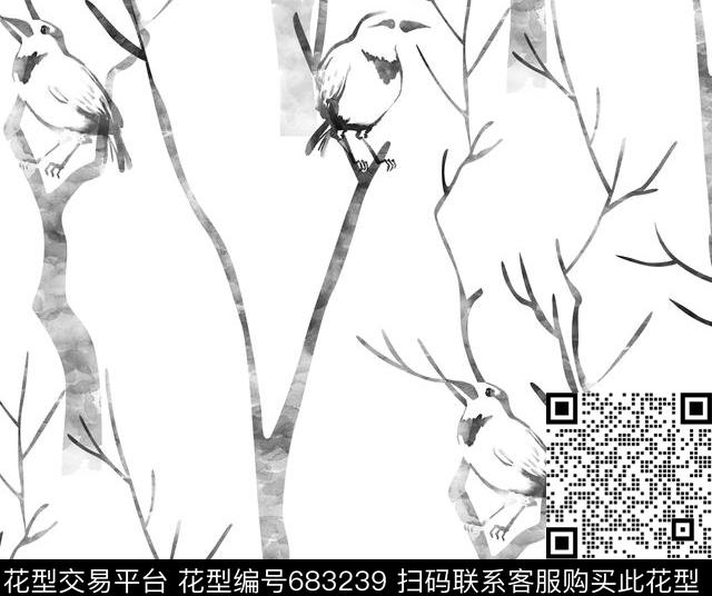 树木鸟水墨女装不定位丝巾家纺数码印花华亿平台下载（图片编号: 683239） - 瓦栏（Walan）