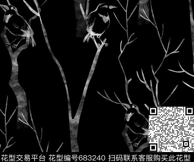 树木鸟水墨女装不定位丝巾家纺数码印花华亿平台下载（图片编号: 683240） - 瓦栏（Walan）